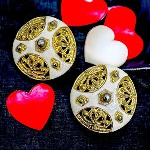 Vintage Les Bernard large open work gold silver cream enamel exotic earrings